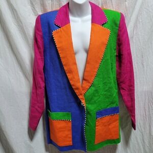 Vintage Sharon Young Women's Color Block Linen Blazer Jacket Single Button Sz M